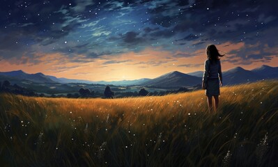 Obraz premium young girl standing in grass viewing stars