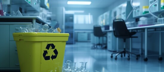 Bright yellow trash can in modern laboratory environment for waste management and recycling