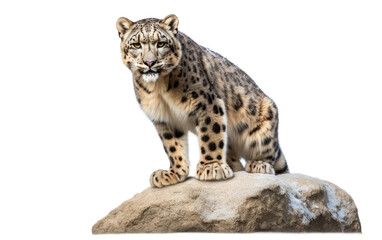 Snow Leopard Perched on a Stone isolated on transparent Background