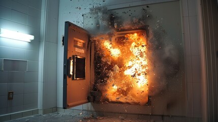 Shot of a safe door bursts open wall during attempted crack, Money safe explodes. Generative AI.