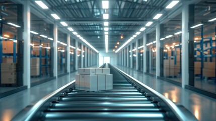 Warehouse fulfillment center with seamless conveyor transport of packages. Generative AI.