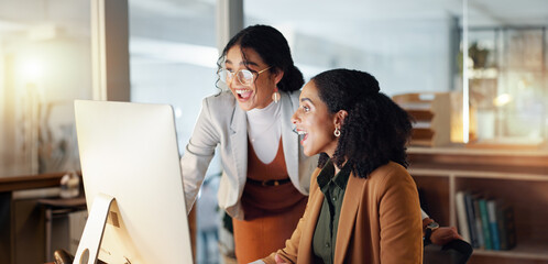 Wow, high five and business people with success in teamwork, collaboration or support for...