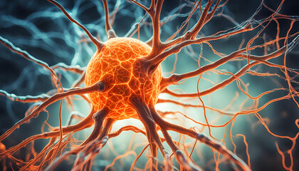 Close up Makro Aufnahme einer Nervenzelle mit Vernetzungen im Gehirn, Impulse Synapsen und Informationen fließen zum denken und wahrnehmen humane Forschung und medizinische Wissenschaft
