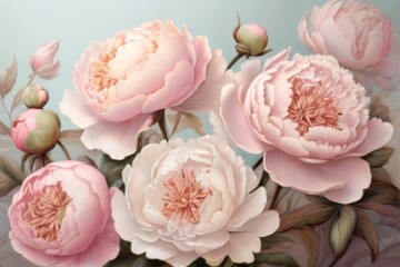 Intricate layers of peony blooms, showcasing their delicate beauty and soft colors in a summer background texture