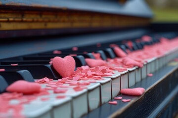 Decorated with pink hearts, the keys of the grand piano give the instrument a unique charm and...