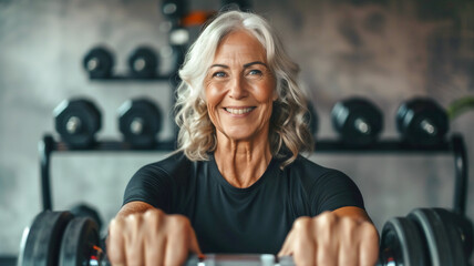 Healthy lifestyle happy elderly woman with dumbbell at gym . - obrazy, fototapety, plakaty