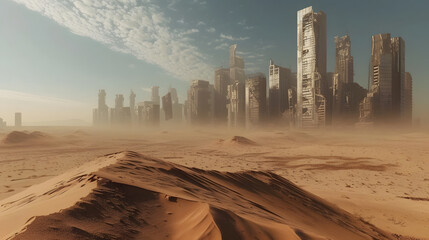 A post apocalypse desert with ruined city sky scraper in the distance