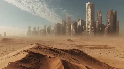 Fotobehang A post apocalypse desert with ruined city sky scraper in the distance © Lin_Studio