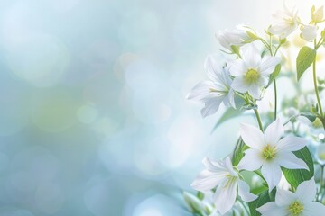 Fototapeta premium Spring summer white flowers abstract pastel green blue banner. Graphic resource and backdrop for design and advertisement. Copy space