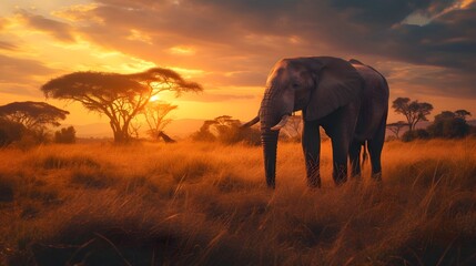 Wallpaper background of Elephants roam freely in the golden glow of the setting sun amidst the vast...
