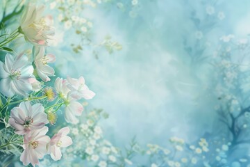 Spring summer white flowers abstract pastel green blue banner. Graphic resource and backdrop for design and advertisement. Copy space