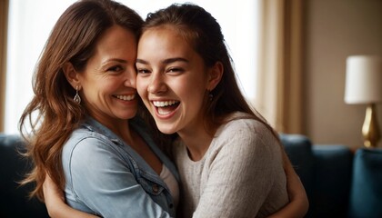 Beloved daughter giving her mother a cheerful hug for her Mother's Day