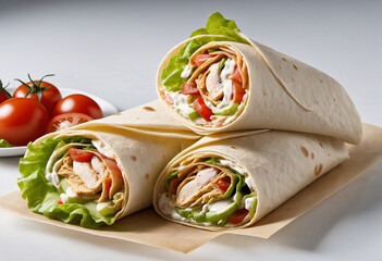Chicken wrap with tomato, lettuce, mayonnaise - transparent background PNG