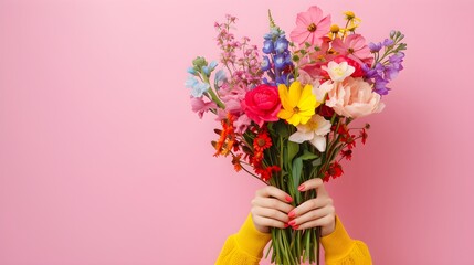 A anonymous person demonstrating bunch of colorful flowers against pink background. Generative AI