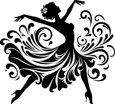 girl dancing, silhouette flowers ornament decoration, floral vector design.
