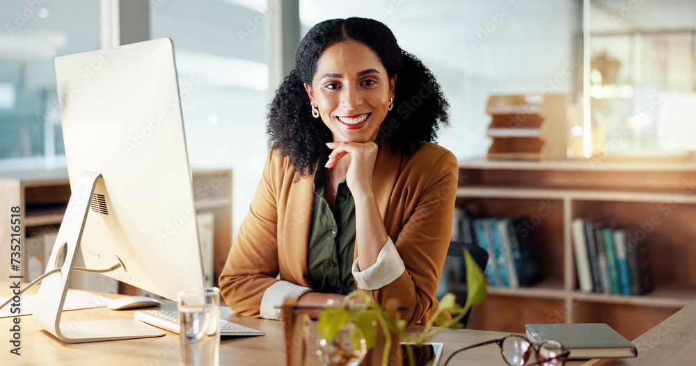 Poster portrait of happy woman at computer with smile, confidence and career in administration at digital a