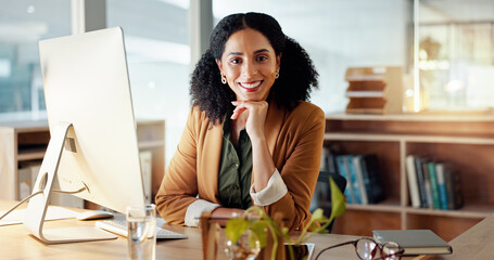 Portrait of happy woman at computer with smile, confidence and career in administration at digital agency. Internet, desk and businesswoman at tech startup with creative job for professional business - obrazy, fototapety, plakaty