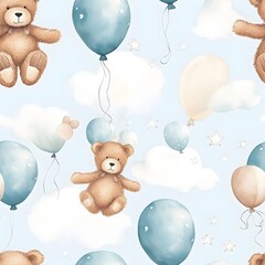 A seamless pattern of cute teddy bear doll wallpaper watercolor illustration design on white background. Generative AI - obrazy, fototapety, plakaty