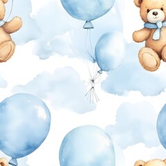 A seamless pattern of cute teddy bear doll wallpaper watercolor illustration design on white background. Generative AI - obrazy, fototapety, plakaty