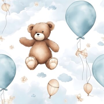 A seamless pattern of cute teddy bear doll wallpaper watercolor illustration design on white background. Generative AI