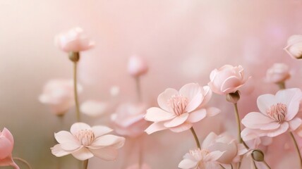 Fototapeta na wymiar Graceful curves and soft textures of delicate flowers against a light pink pastel-colored backdrop