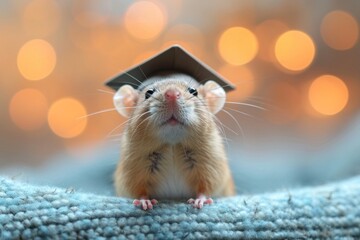 Educational symbol: mouse with graduation hat on bokeh background