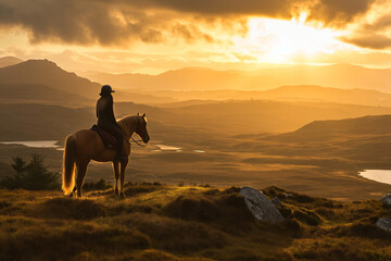 Person riding a horse in beautiful Irish landscape on dramatic sunset. Man admiring scenic view while on horseback riding tour in Connemara, on the west coast of Ireland.