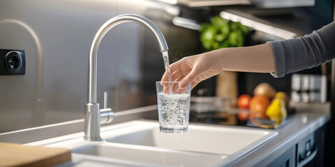Filling up a glass with clean drinking water from kitchen faucet. Safe to drink tap water. - obrazy, fototapety, plakaty