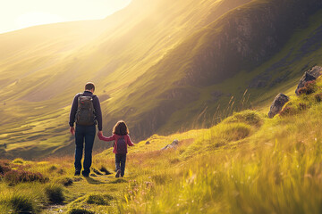 Father and child with backpacks admiring scenic view of spectacular Irish nature. Breathtaking...