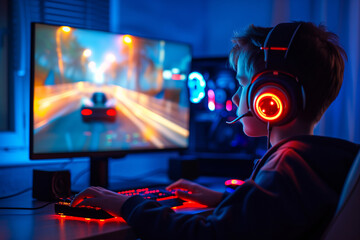 Teenage boy wearing big headphones playing racing game at home. Young teen kid playing videogame on his desktop computer. Computer games addiction in children. - obrazy, fototapety, plakaty