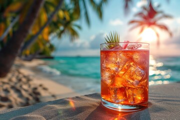 Tropical relaxation: cocktail with palm trunks and azure sea - obrazy, fototapety, plakaty