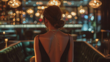 A classic little black dress is given a modern twist with a low back and subtle outs paired with dainty gold jewelry. The background is a highend bar with sleek velvet couches