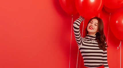 young beautiful emotional girl with red ballons on red background