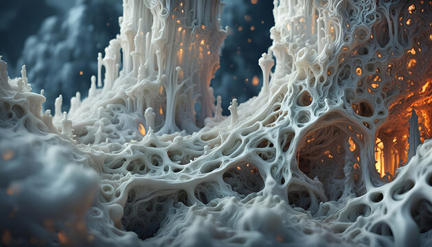 Hintergr&uuml;nde und Vorlage aus hellen nat&uuml;rlichen fantasievollen Strukturen, Material, wie Wachs oder Kalk mit zarten Leuchten in orange, futuristische Baumwurzeln geschwungen sch&ouml;n stabile S&auml;ulen 