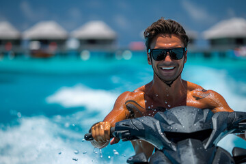 A young man on a jet ski rides on the blue waves of the sea. The concept of active recreation, entertainment, vacation. - 735217905