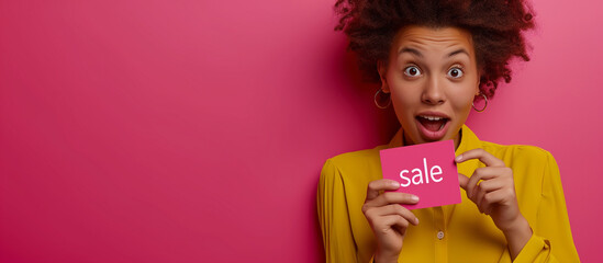 Joyful young brunette woman girl posing sale card isolated on pastel pink background studio portrait.