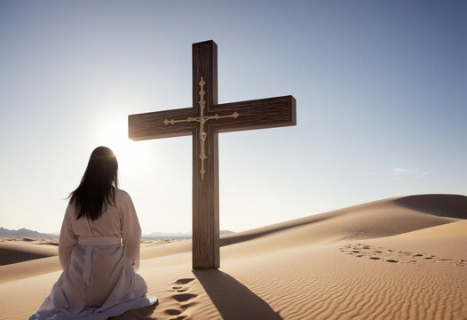 Conceptual image with a woman and a cross in the desert