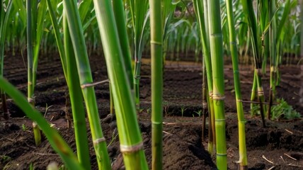 Obraz premium Close-up of young sugar cane plants, showing the tender green shoots