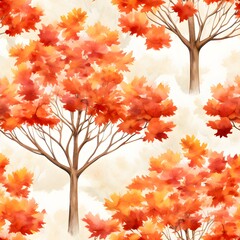 A seamless pattern wallpaper of maple tree watercolor paint illustration design on white background. Generative AI