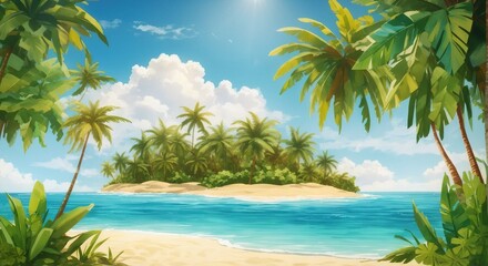 Fototapeta na wymiar Sunny Tropical Beach With Palm Leaves And Paradise Island