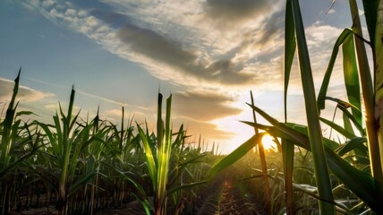 Close-up of young sugar cane plants, showing the tender green shoots