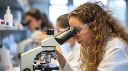 Scientist Woman Examining Microscope in Laboratory. Generative AI
