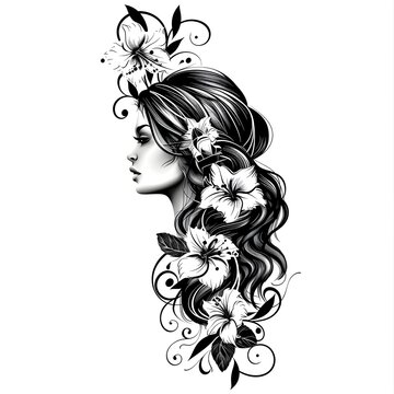 A lady woman tattoo texture design black and white outline illustration. Generative AI