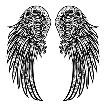 A devil wing tattoo design black and white outline illustration on white background. Generative AI