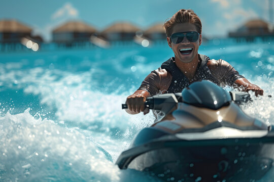 A young man on a jet ski rides on the blue waves of the sea. The concept of active recreation, entertainment, vacation.