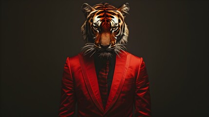A man A man wearing a red suit and tiger haunting mask neon on red background. Generative AI