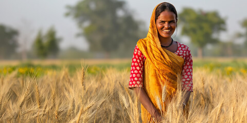 Indian woman farmer standing in wheat field at sunset, smiling and looking at camera - 735218756