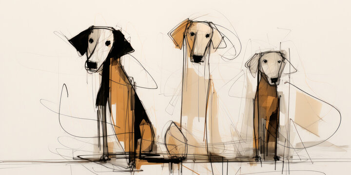 Watercolor paint style minimalist illustration of three dogs in beige and black colors.