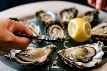 Raw oysters on the half shell, served with sauce and lemon wedges