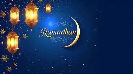 Obraz na płótnie Canvas Ramadan greetings displayed against a blue background with Arabic lanterns and a moon